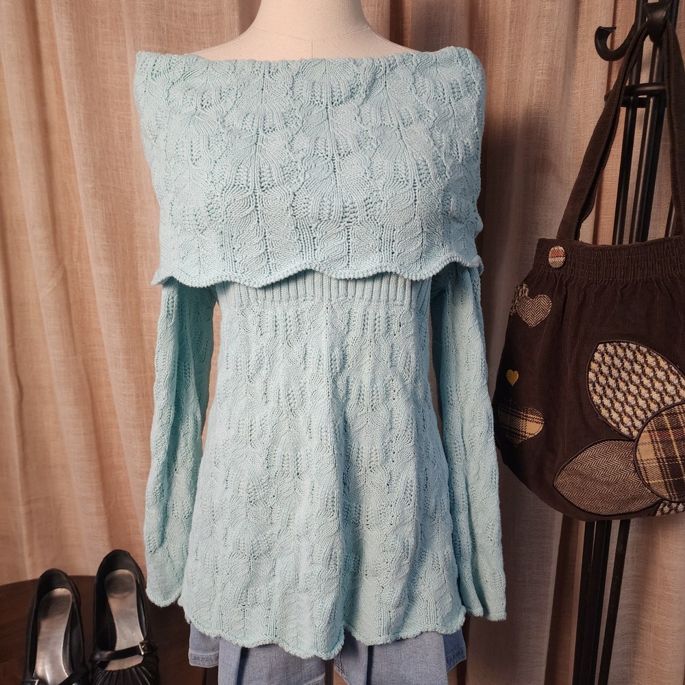 Style & Co Woman 0X Aqua Off Shoulder Pointelle Sweater Foldover Knit Capelet
